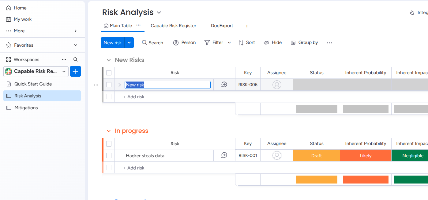 Adding a new risk entry